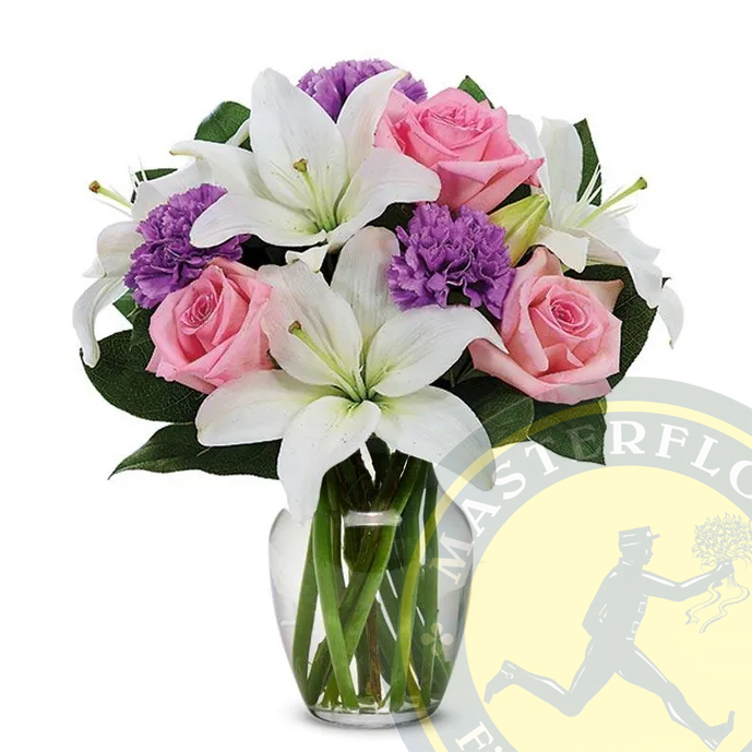 Bouquet Pastello (Rose rose, gigli bianchi e garofani viola)