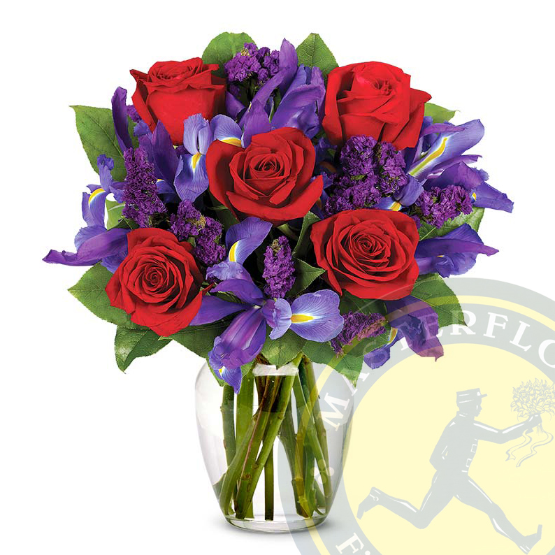 Bouquet Rose Rubino (Rose Rosse, Viola Statice e Iris blu), Consegna fiori  a domicilio